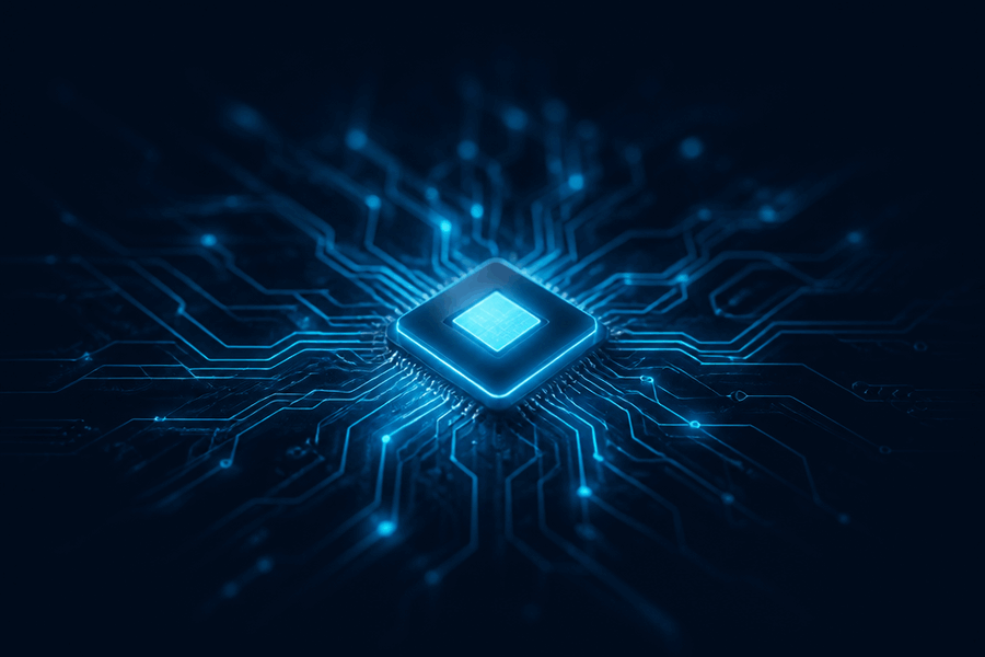 Processor med kretsbanor som symbol för AI och automatisering